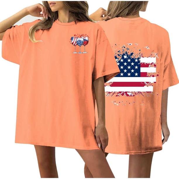Camiseta de Cuello Redondo Impresa Delantera Y Trasera Del Día de la Independencia de las Mujeres, Tops Cortos Casuales para las Mujeres