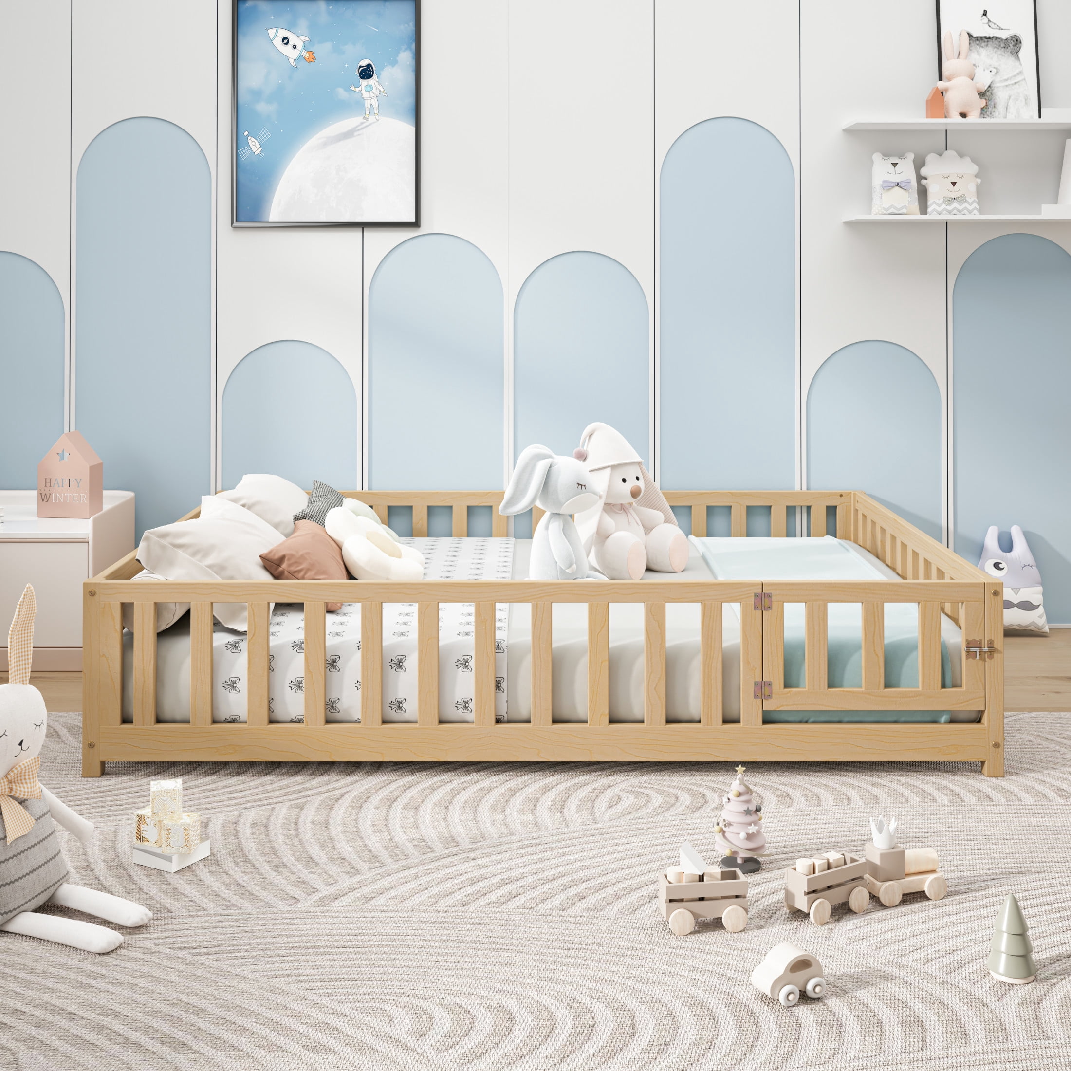 GDF Studio Full Size Montessori Floor Bed with Fence & Door, Support Slats, Natural