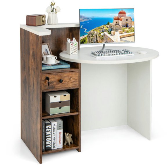 Kadyn Computer Corner Desk,Home Office Writing Worstation, Corner Table,Front Reception Office Desk with Open Shelf and Lockable Drawer-Rustic Brown