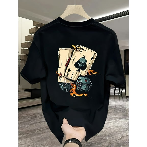 Heavyweight 100% Cotton Men's Graphic T-Shirt - Loose Fit Large Size Summer Casual Tee with Cartoon Gaming Controllers & Flames Prin