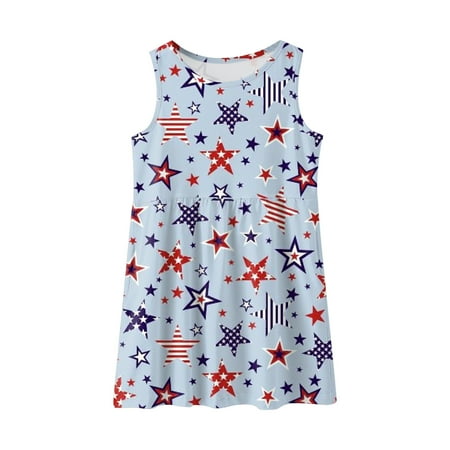 

LIhncine Girls Dress Toddler Kids Girl Fourth Of July Independent Day Star Stripes Prints Sleeveless Pockets Party Costome Princess Dress (Light Blue 13-14 Years)