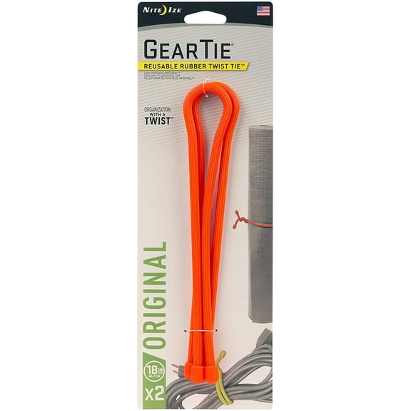 Nite Ize Original Gear Tie, Reusable Rubber Twist Tie, 18-Inch, Bright Orange, 2 Pack, Made in the USA