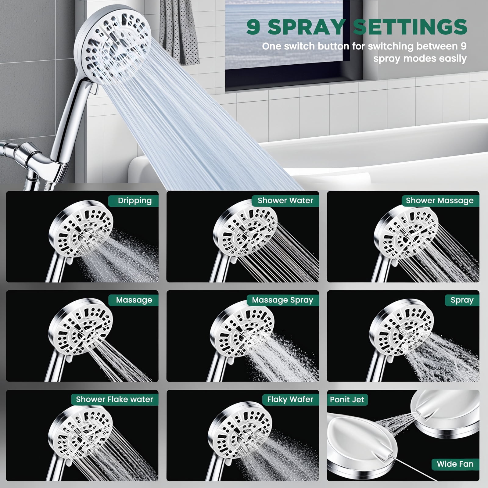 FETERVIC Bathtub Faucet with Sprayer,Slip-On Tub Spout High Pressure 10 Settings Handheld Shower Head with Diverter Set