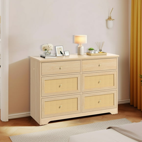 6 Drawer Dresser for Bedroom, Rattan Double Dresser, Modern Chest of Drawers ,Wood Storage Cabinet for Living Room,Natural