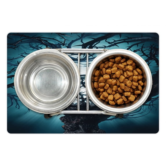 Mystic Pet Mat for Food and Water, Big Tree Thorns Branch in Spooky Night Fantasy Halloween Illustration Print, Non-Slip Rubber Mat for Dogs and Cats, 18" X 12", by Ambesonne
