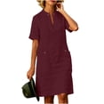 thumbnail image 3 of VBVC Women's V-Neck Stand Collar Shirt Dress,Button Detail Short Sleeve Midi Dress For Women,Ladies Summer Breathable Dress with Pockets,Wine,S-2XL, 3 of 8
