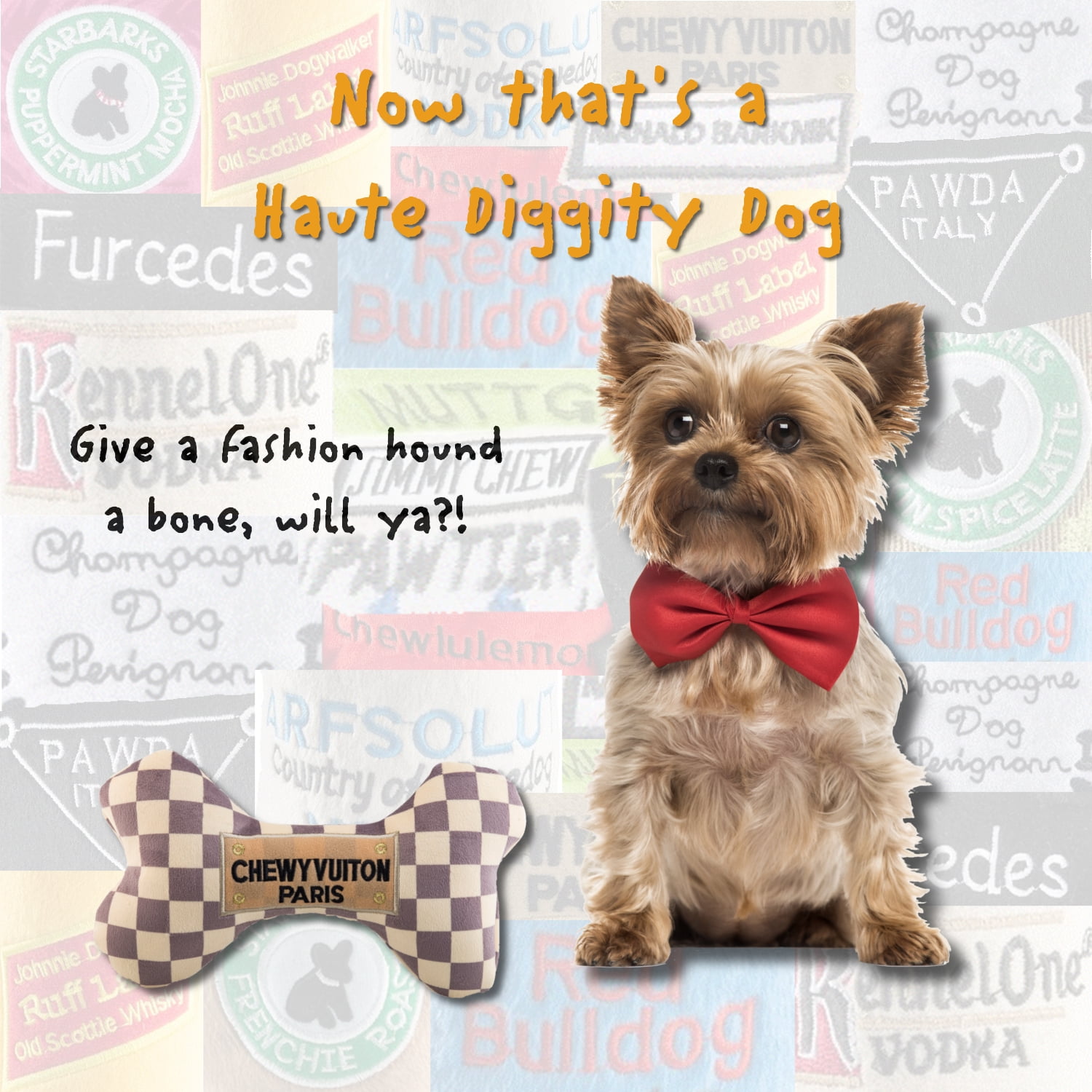 Haute Diggity Dog Chewy Vuiton Bone Plush Squeaky Dog Toy, Soft Durable Designer-Inspired Stuffed Puppy Chew Toys for Small Medium Dogs, Machine-Washable (Tan Checker) Small