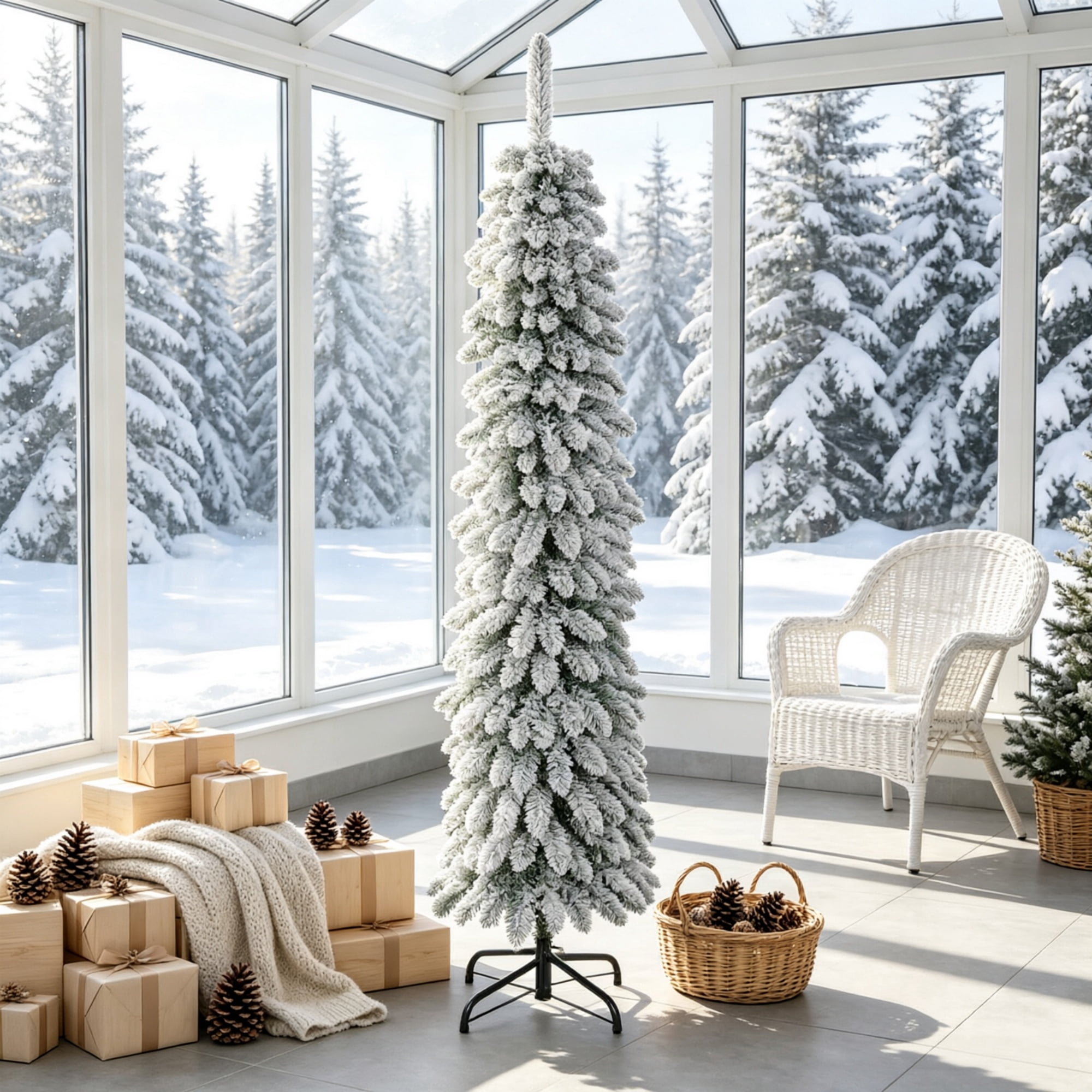 Astoutdoor 5 ft Slim Pencil Artificial Christmas Tree, Snow-Flocked, 301 Branch Tips, Green, Indoor Use