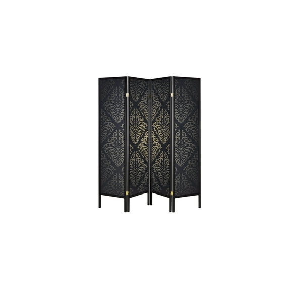 Decorative Folding Screen - 4 Panel Room Divider, Black Gold Damask, Home Decor Accent