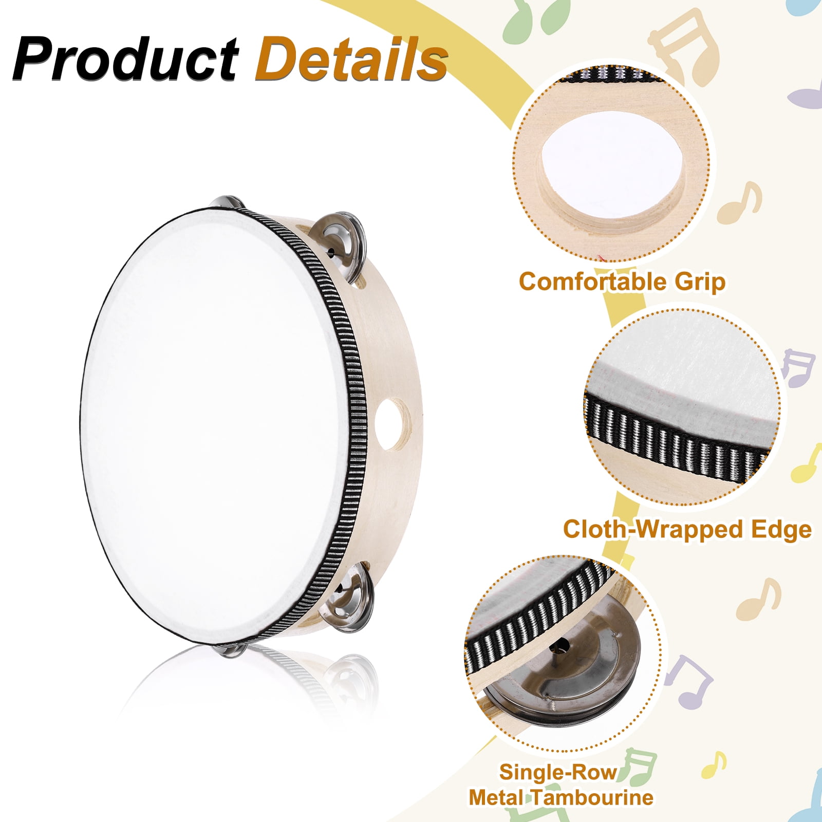 Uxcell 1 Pcs Tambourine Drum 8 Inch Wood Hand Held Tambourine Single Row Metal Jingle Percussion Musical Drum Instrument for Adults Church Wedding Party Games, Wood Color