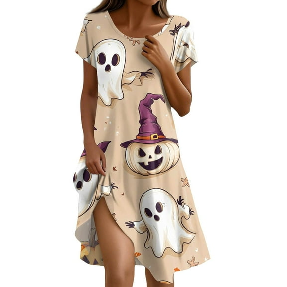 dGslk Women's Casual Short Sleeve Nightdress, Soft Loose Fit Sleep Shirt with Fun Bat Print, Lightweight Loungewear Pajama Dress Beige L