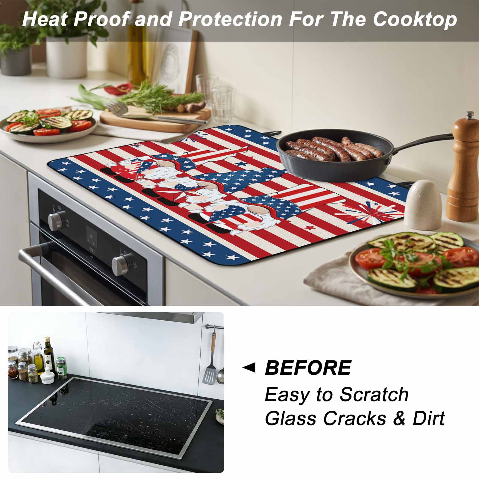 Independence Day Gnomes Stove Top Cover for Electric Stove, Heat-proof & Non Slip Glass Top Stove Cover Protector, 4th of July Red Striped Kitchen Flat Cooktop Rubber Mat 24x21 Inches