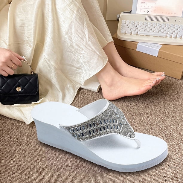 FLOPS para mujer Rhinestones Flip Sandalias Sandalias Plataforma Sandalias de cuña (40) Blanco