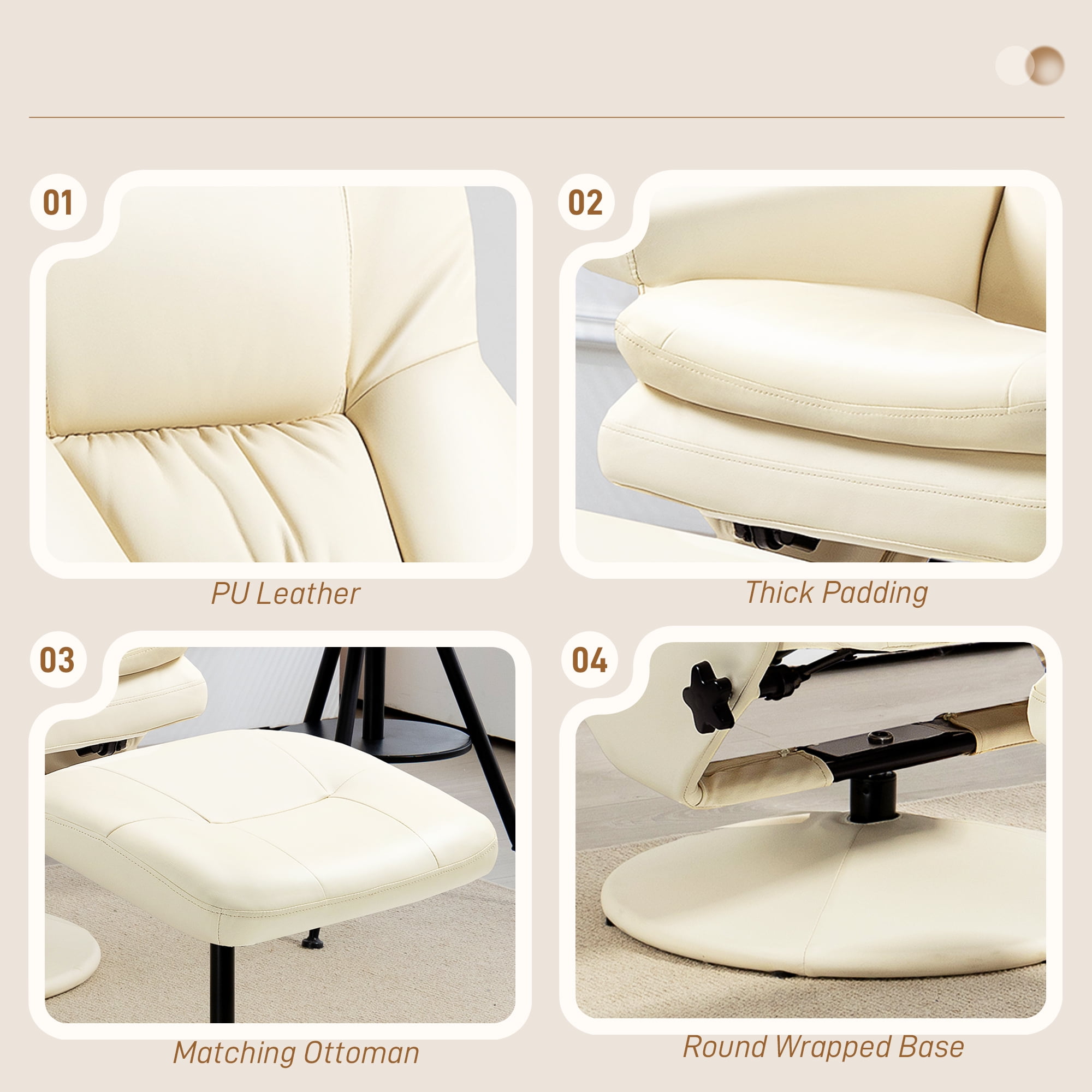 Cream White PU Leather Recliner Chair with Ottoman, 135° Recline, 360° Swivel, High Back, Steel Frame