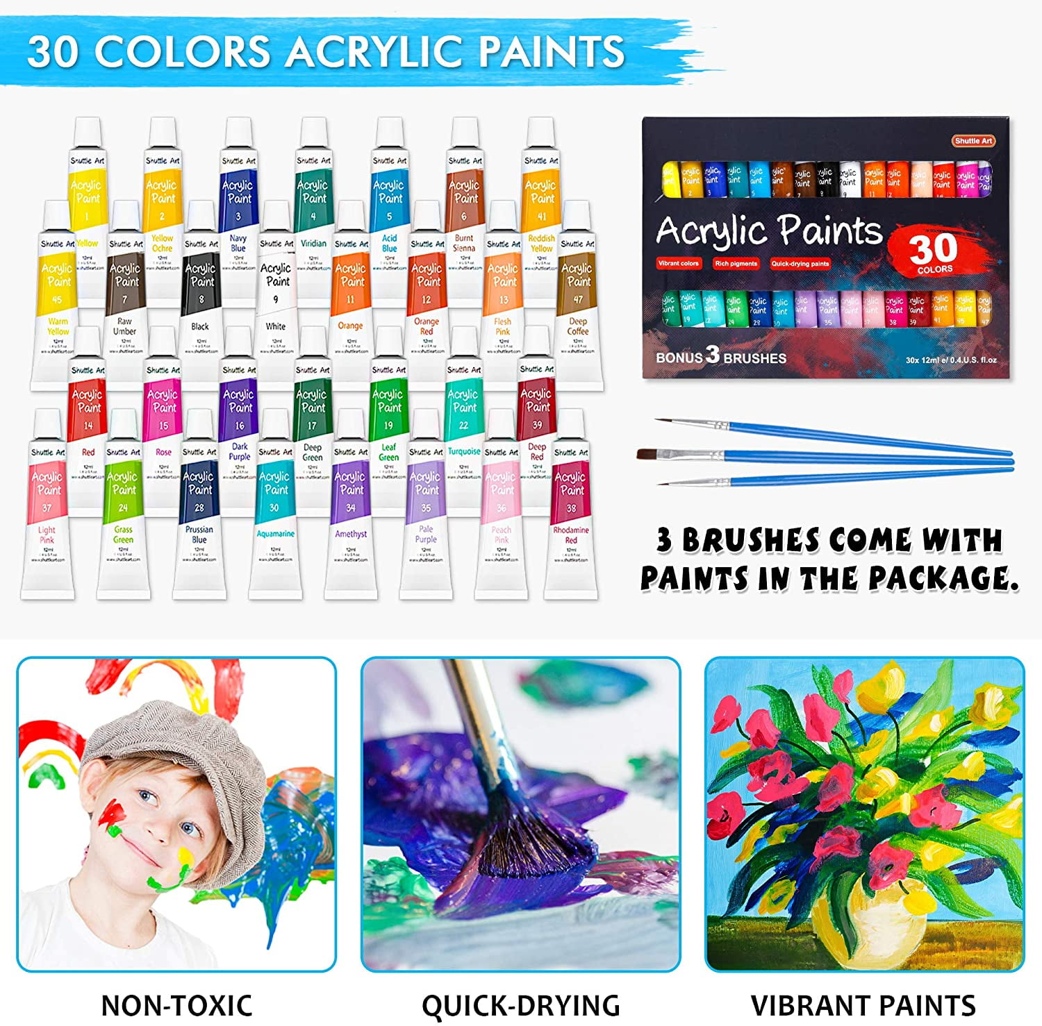 69 Pack Paint Set, Shuttle Art Art Set with 30 Colors Acrylic Paint, Wood Easel, Canvases, Painting Pad, Brushes, Palette, Smock & Storage Gag, Complete Paint Set for  everyone