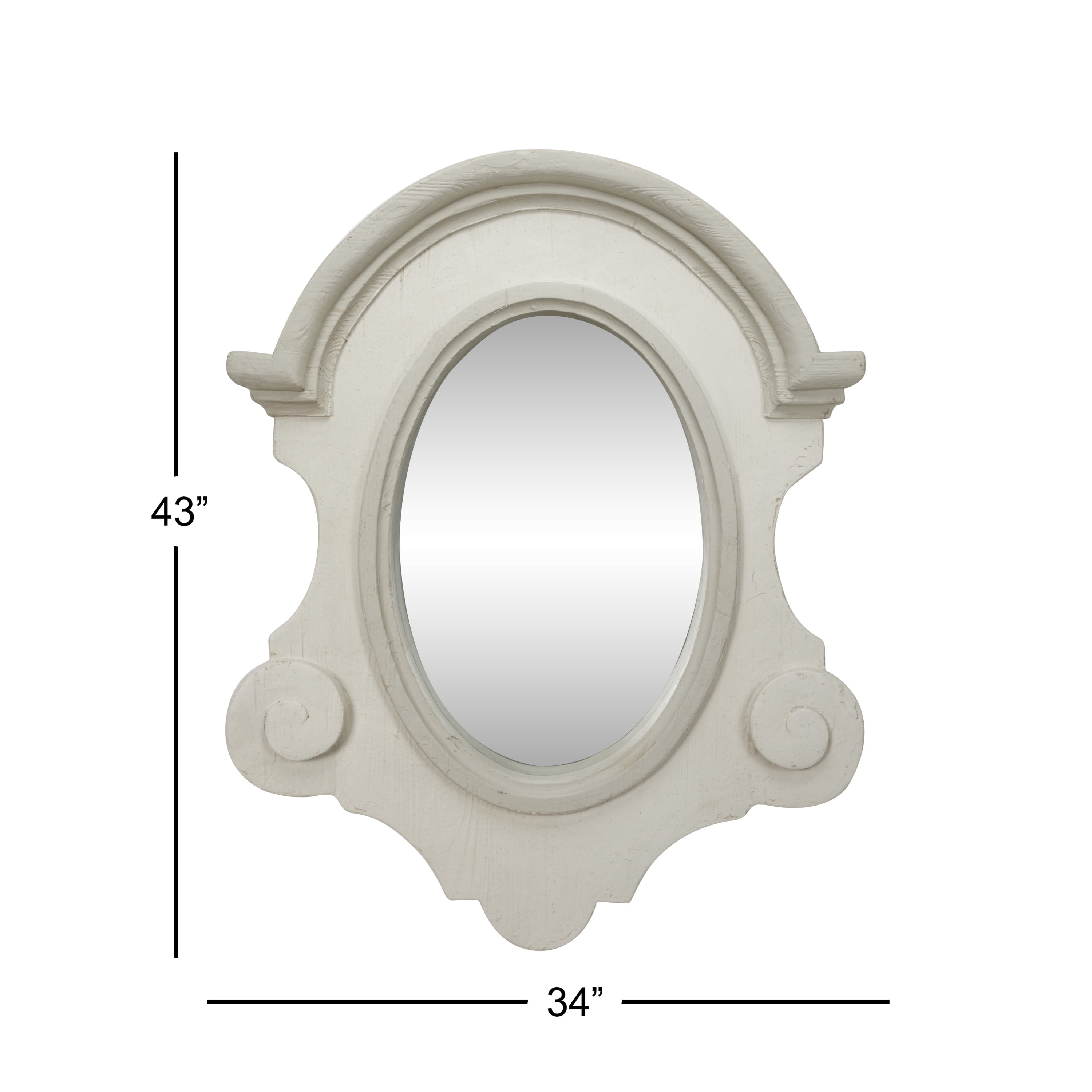 Decmode - 34.5” x 43” Large Antique Light Gray Wood Oval Wall Mirror w/ Arched Frame & Carved Scrolls