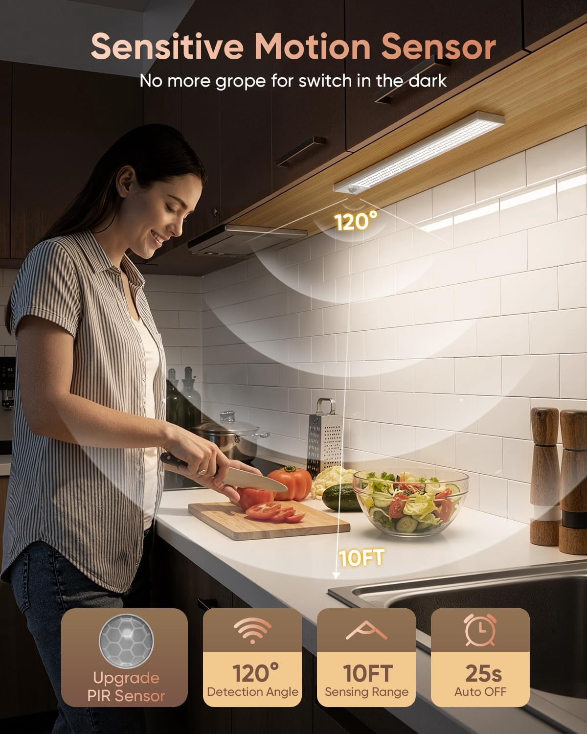 16inch Under Cabinet Lighting Wireless, 216LED Motion Sensor Light Indoor, USB Rechargeable Closet Lights, 3 Color Temps & Dimmable, Stick On Under Counter Lights for Kitchen, Pantry, Stairs