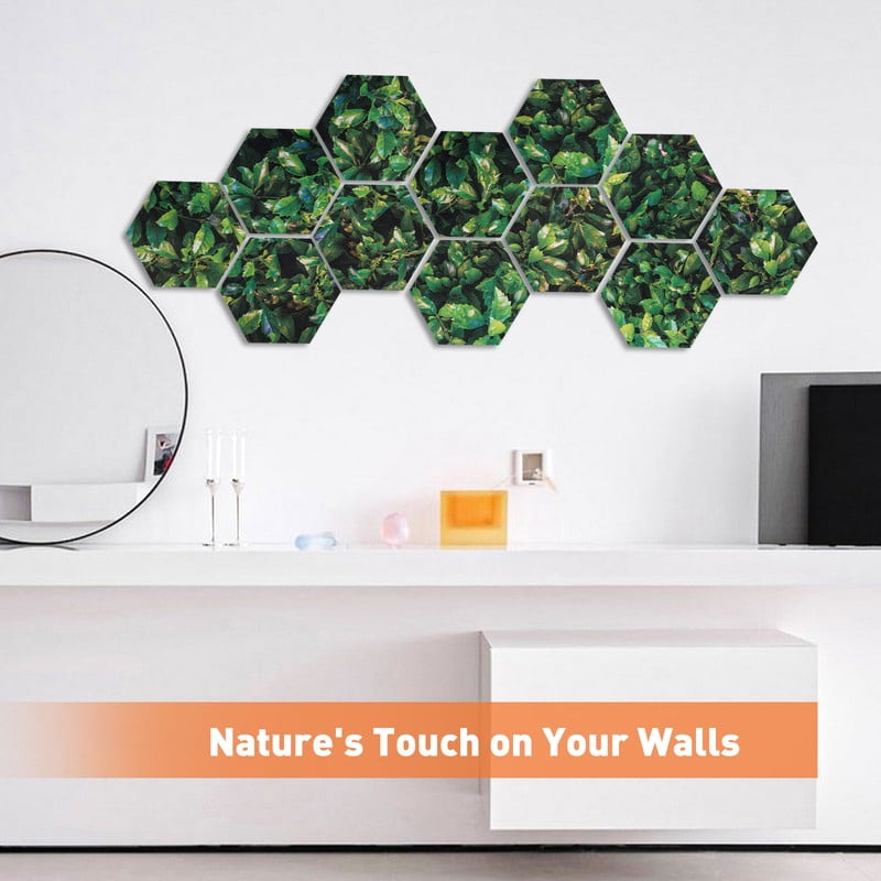 DOLLAR BOSS 12Pcs Self Adhesive Felt Board Tiles Hexagon Bulletin Board for Walls, Green Leaves Printing Hexagon Felt Bulletin Home Wall Decor, Felt Cork Pin Board for Pictures Photos Memos