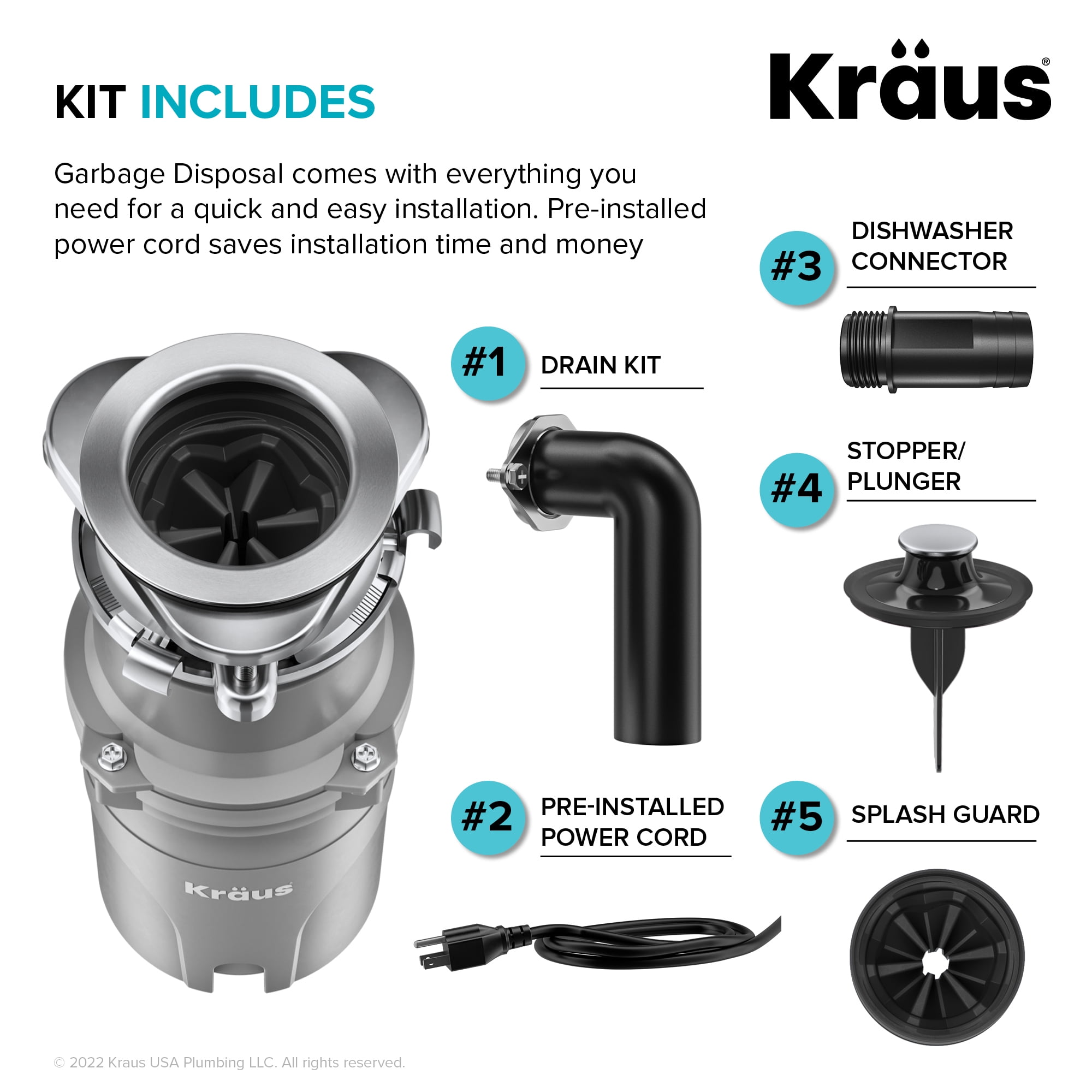 KRAUS WasteGuard High-Speed 1/2 HP Continuous Feed Ultra-Quiet Motor Garbage Disposal with Power Cord and Flange Included and Universal Mount