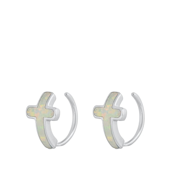 Sterling Silver Cross Hoop Modern High Polish Earrings White Simulated Opal 925 Jewelry Female