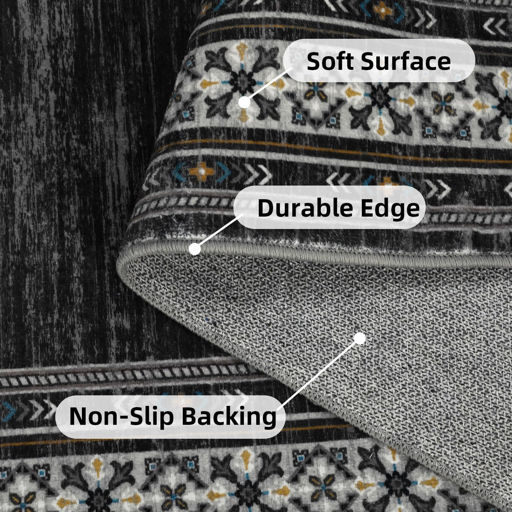 Washable 10x13 Area Rugs for Living Room, Soft Large Modern Bedroom Rugs, Ultra Thin Non Slip Accent Carpet for Dining Room, Low Pile Non Shedding Floor Cover Mat for Nursery Office, Black