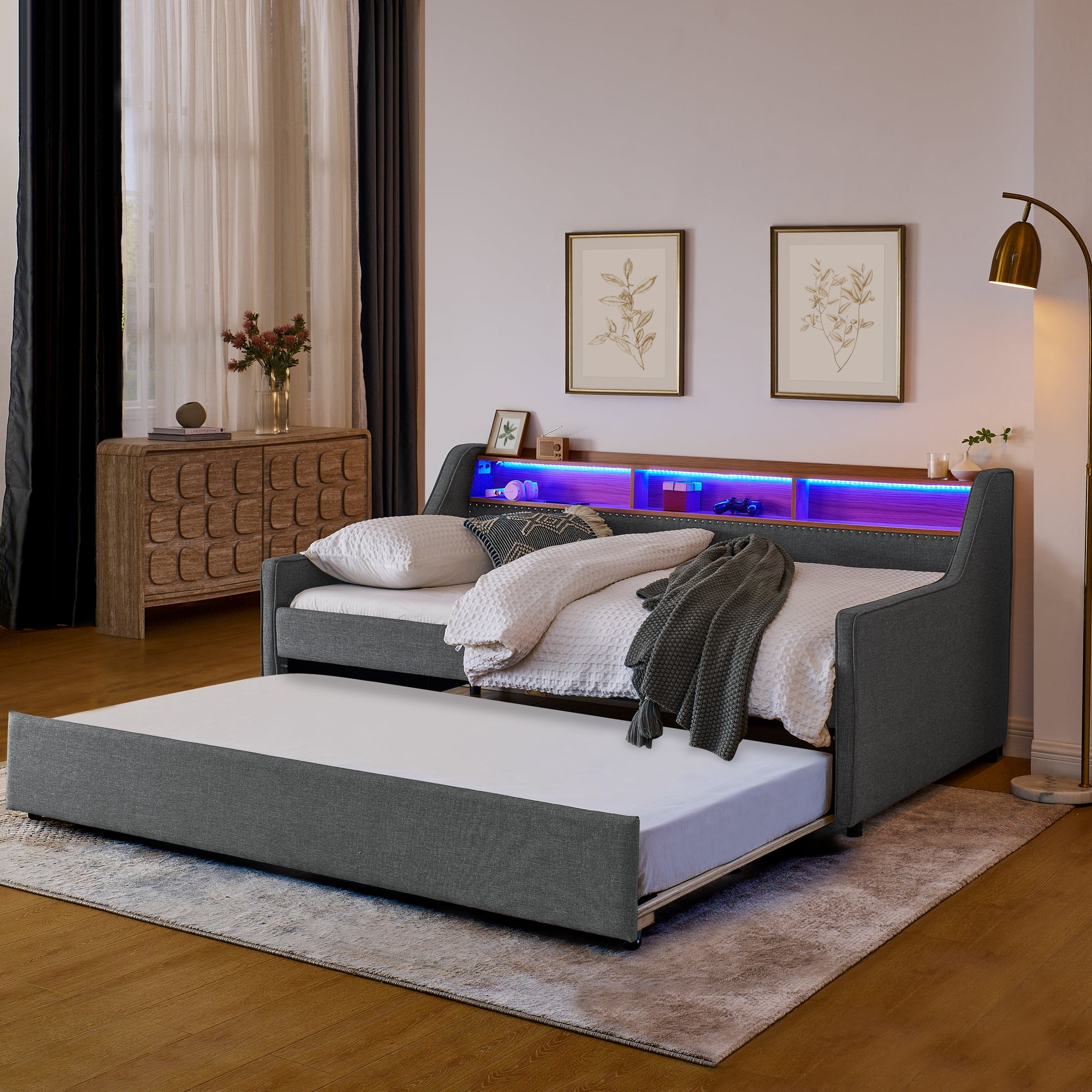Leumius Twin Size Upholstered Daybed with Trundle,Comfy Sofa Bed with LED Lights,Wireless Charging,Storage Adjustable Headboard,Gray