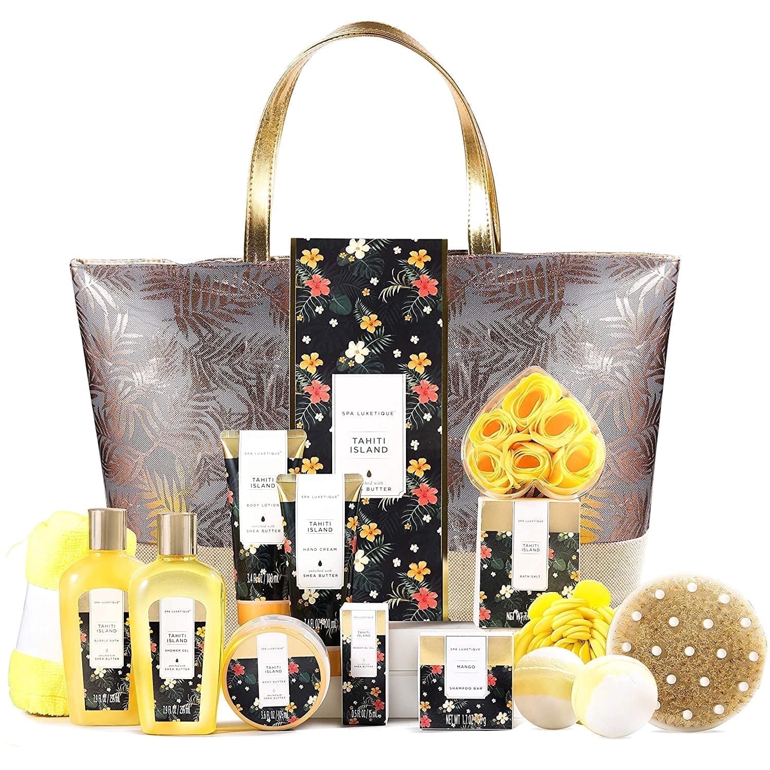 Bath Gift Sets for Women - 15 Pcs Tahiti Island Spa Baskets with Tote Bag, Beauty Bath and Body Birthday Gifts for Her