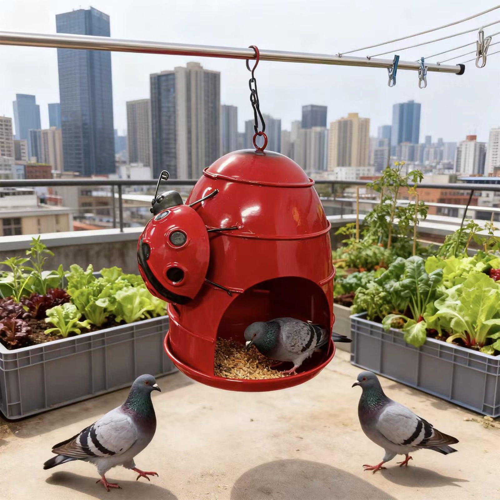 SCNOR Ladybug Design Hanging Bird Feeder Outdoor, Metal Decorative Bird Feeder with Removable Tray & Drainage Mesh for Garden Patio Balcony