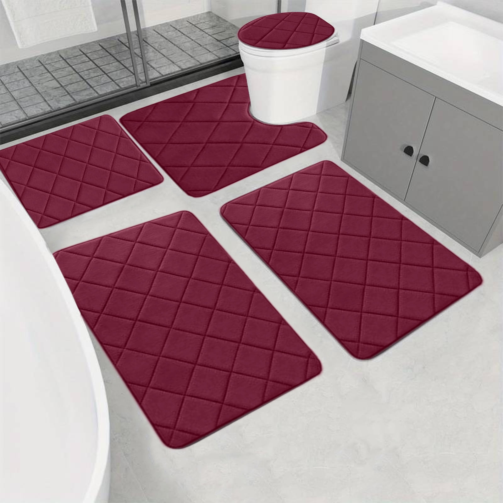 5-Piece Bathroom Rug Set with Thick Memory Foam Padding and Non-Slip Rubber Backing, Super Absorbent Washable Toilet Mats for Shower Tub Floor Home Decor Family Use