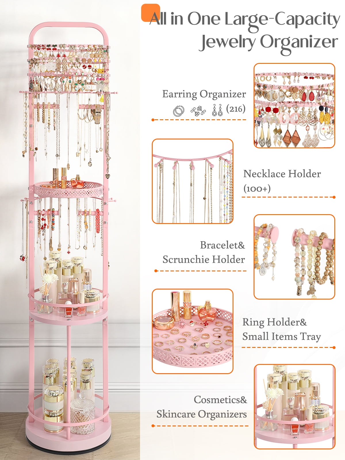 Olakee Rotating Large-Capacity Jewelry Organizer Stand for Earring, Necklace, Bracelet, Ring, Durable Metal & Wood, Girls & Women, Modern, Pink