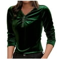thumbnail image 2 of Spring Tops for Women Homenesgenics Clothes under $5.00 Women's V-Neck Gold Velvet inner Layer and Outer Layer Bottom Shirt Long Sleeve/Green M, 2 of 6