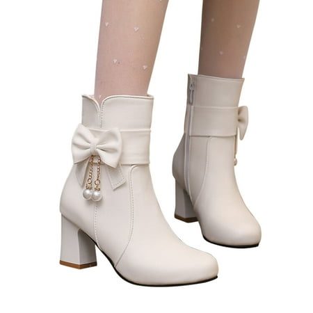 

Josdec Womens Boots Wide Width Fall Winter Bow Tassel Lorita Thick Heel Short Boots Cowgirl Boots White 36