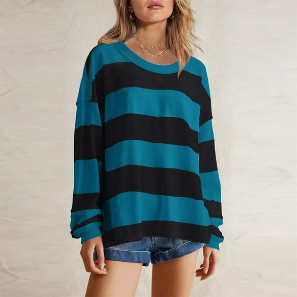 Jsaierl Color Blocked Sweatshirts for Women Oversized Loose Fit Y2k Drop Shoulder Pullover Casual Striped Long Sleeve Shirts Tops