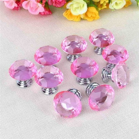 10pcs Pink Crystal Glass Door Handle Knobs Pulls Diamond