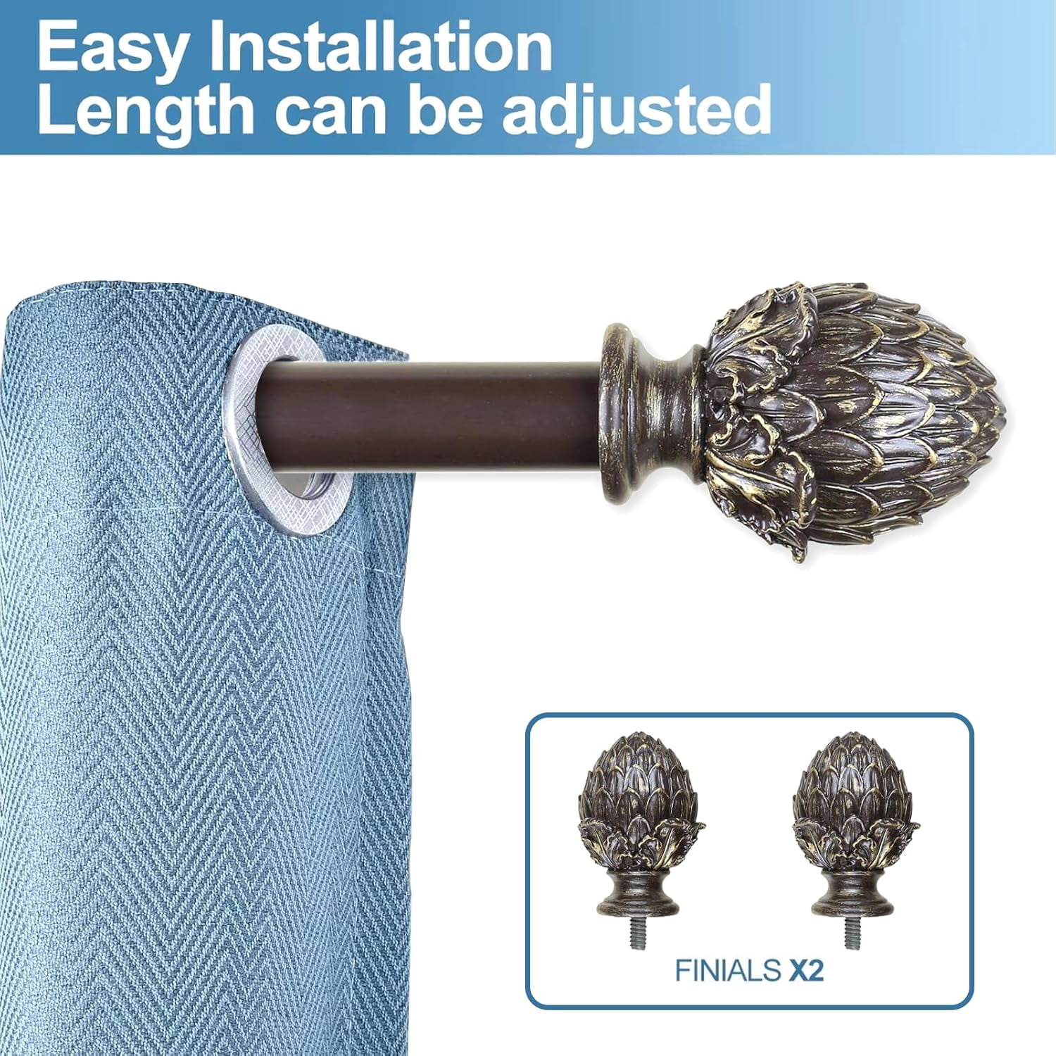 Urbanest Adjustable Single Curtain Rod Set Gold Artichoke Finials – 1 - Inch Diameter, With Bronze Rod, 28–48 Inches