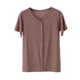 thumbnail image 3 of Women's Loose Fit Solid Color Button Down Short Sleeve Blouse Top Shirts Comfy Versatile Soft Lightweight Tops for Casual Daily Wear Work Office Outfits | CSEONE,Khaki L, 3 of 4