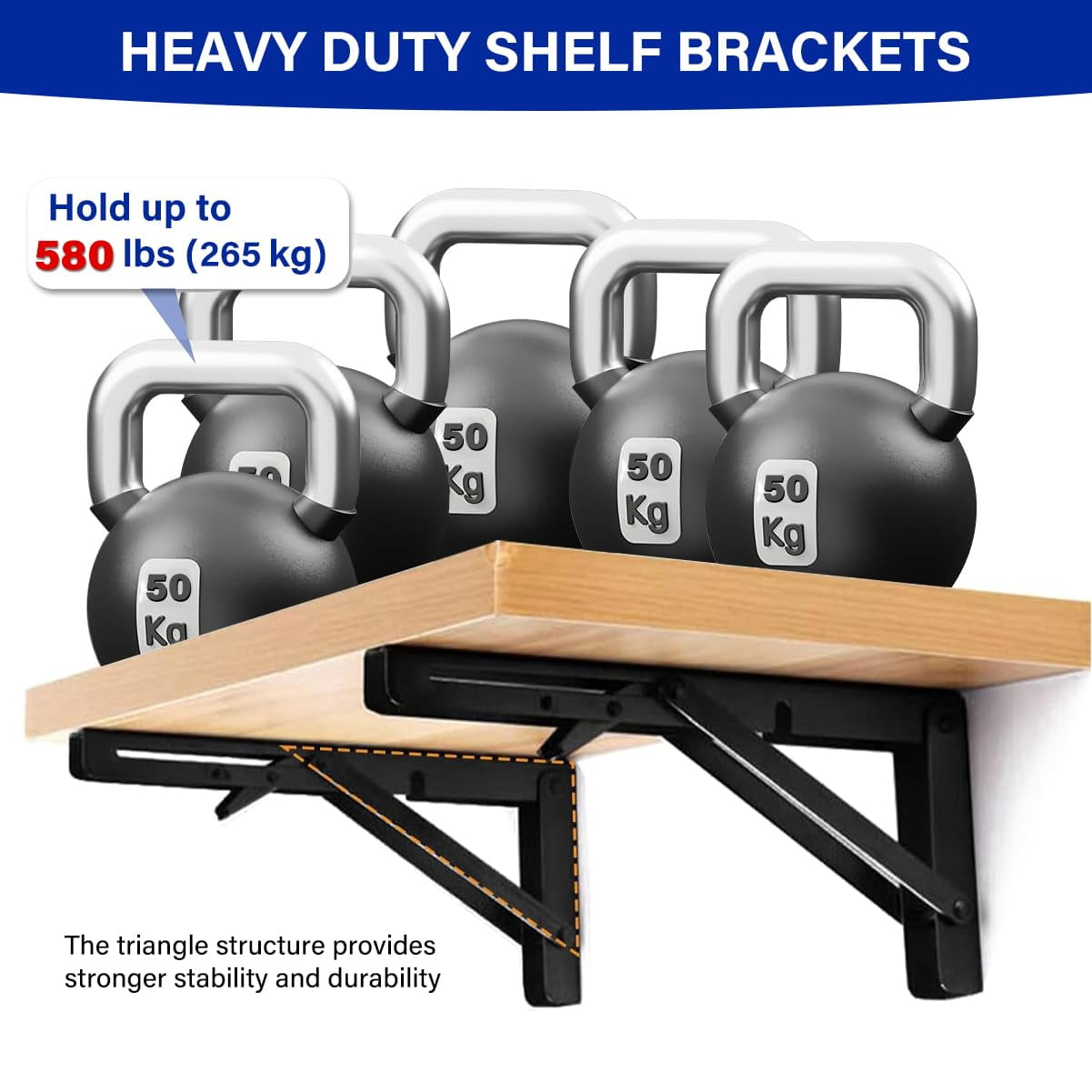 Folding Shelf Brackets Max. Load 580 lb, 10 Inch Black Collapsible Heavy Duty Brackets for Table Bench - Space Saving, 2 Pack