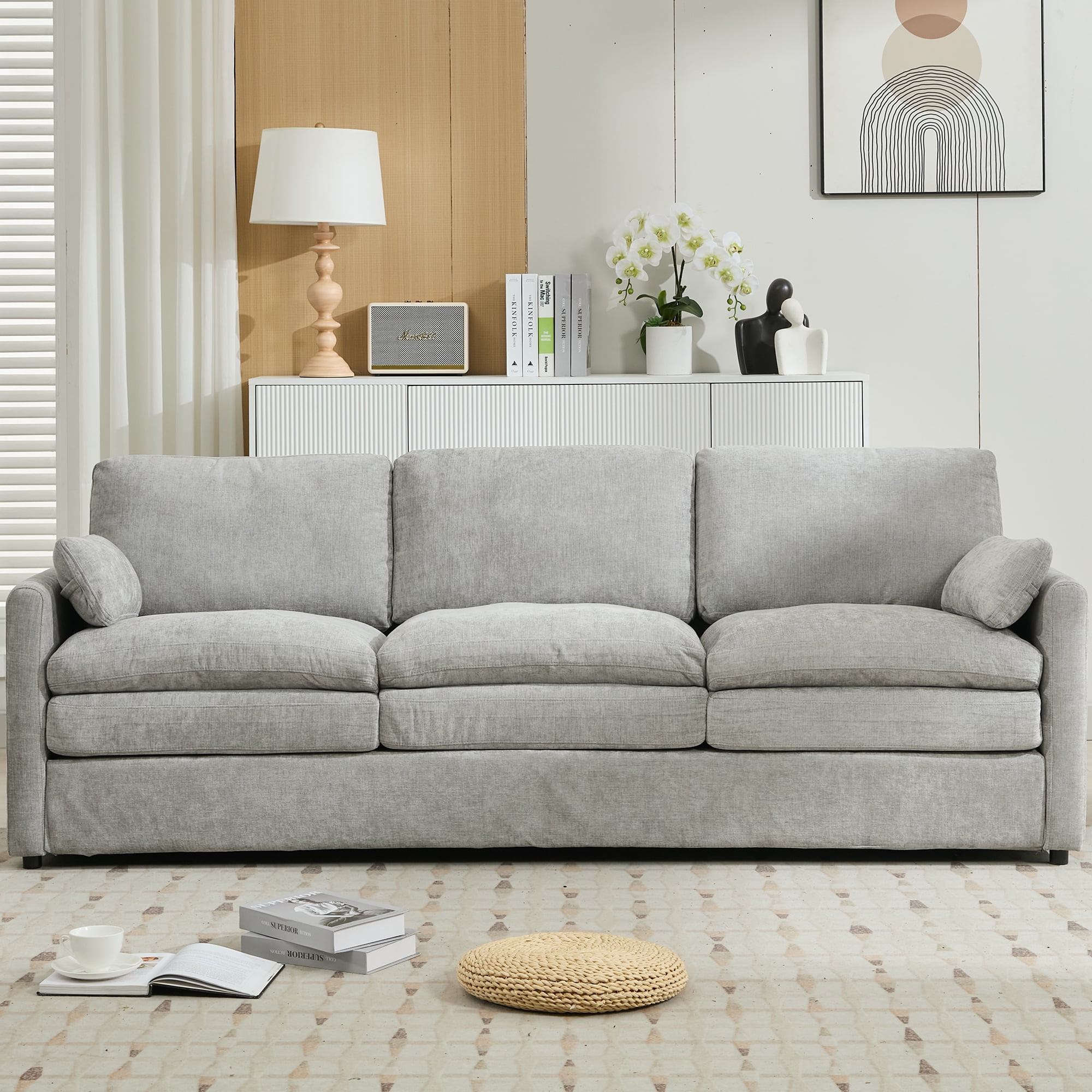 Euroco Modern 3-Seater Chenille Sofa with Double-Layered Cushions, Ergonomic Armrests & Detachable Lumbar Pillows, Upholstered Couch for Living Room or Office