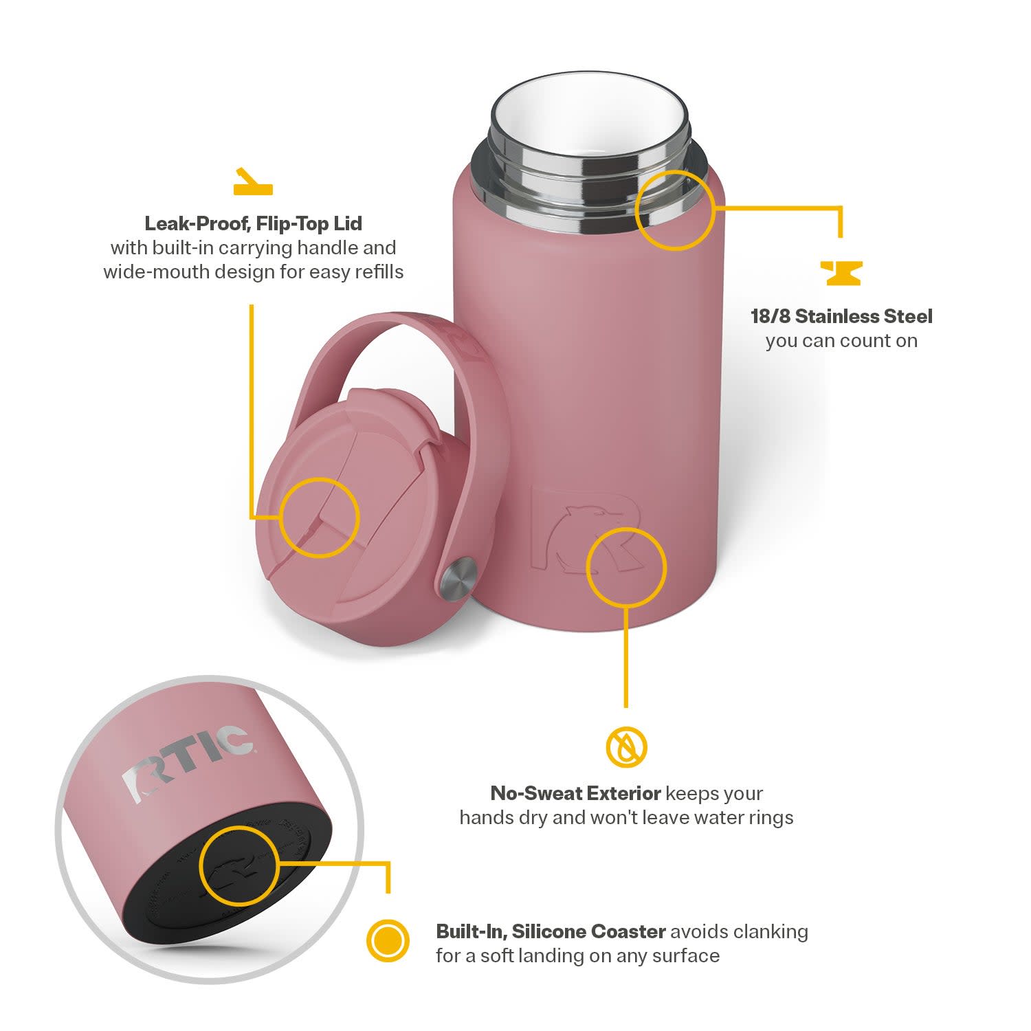 RTIC 16 oz Ceramic Lined Insulated Outback Bottle, Leak Resistant, Dusty Rose