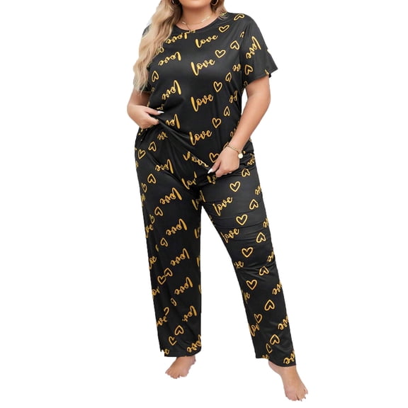 2 Piece Plus Size Women's Heart Print Pajama Set Crewneck Short Sleeve Top & Straight Leg Pants Fall Casual Sleep Night Loungewear