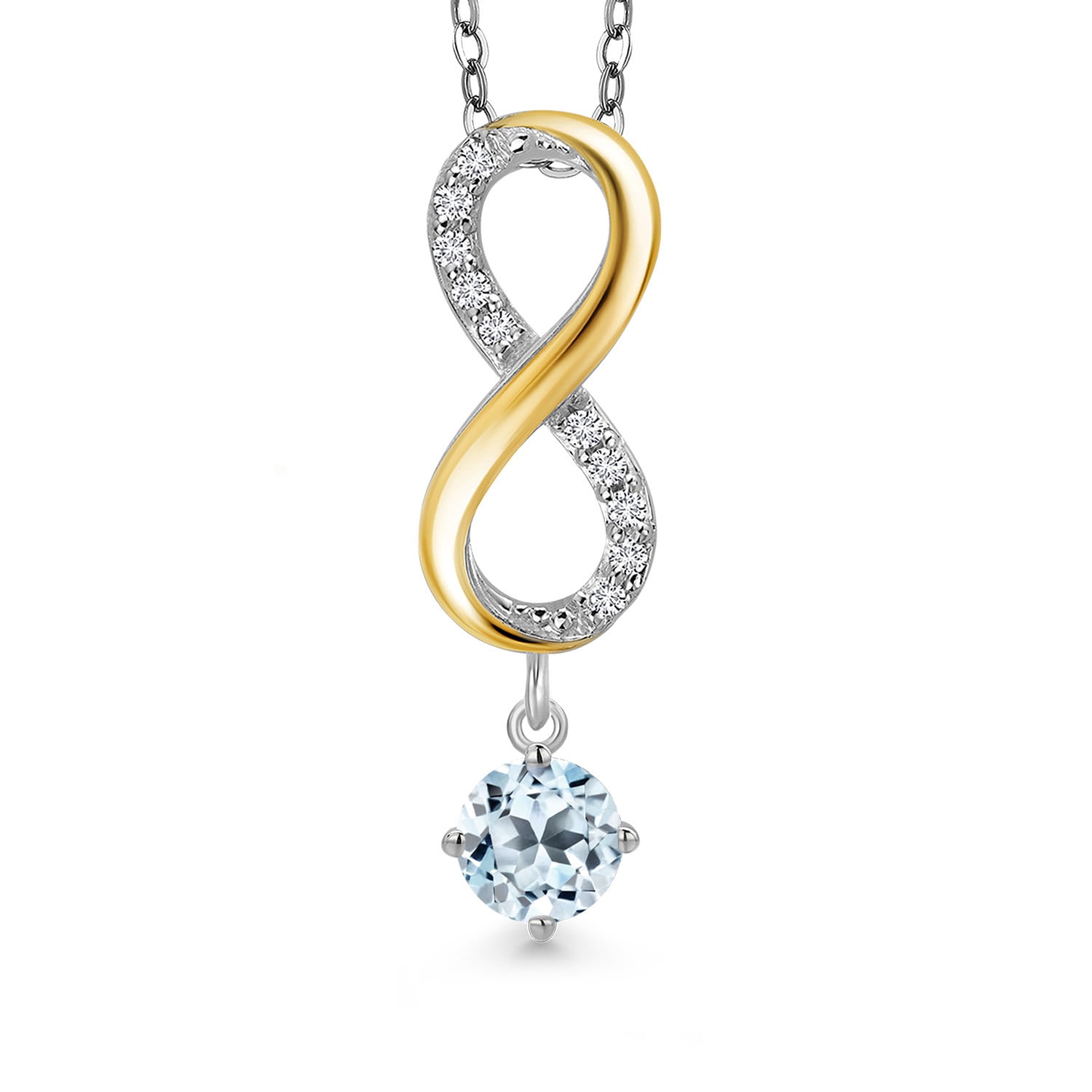 Gem Stone King 925 Silver and 10K Yellow Gold Sky Blue Topaz and Lab Grown Diamond Pendant Necklace for Women | 0.78 Cttw | Gemstone November Birthstone | Round 5MM | With 18 inch Silver Chain