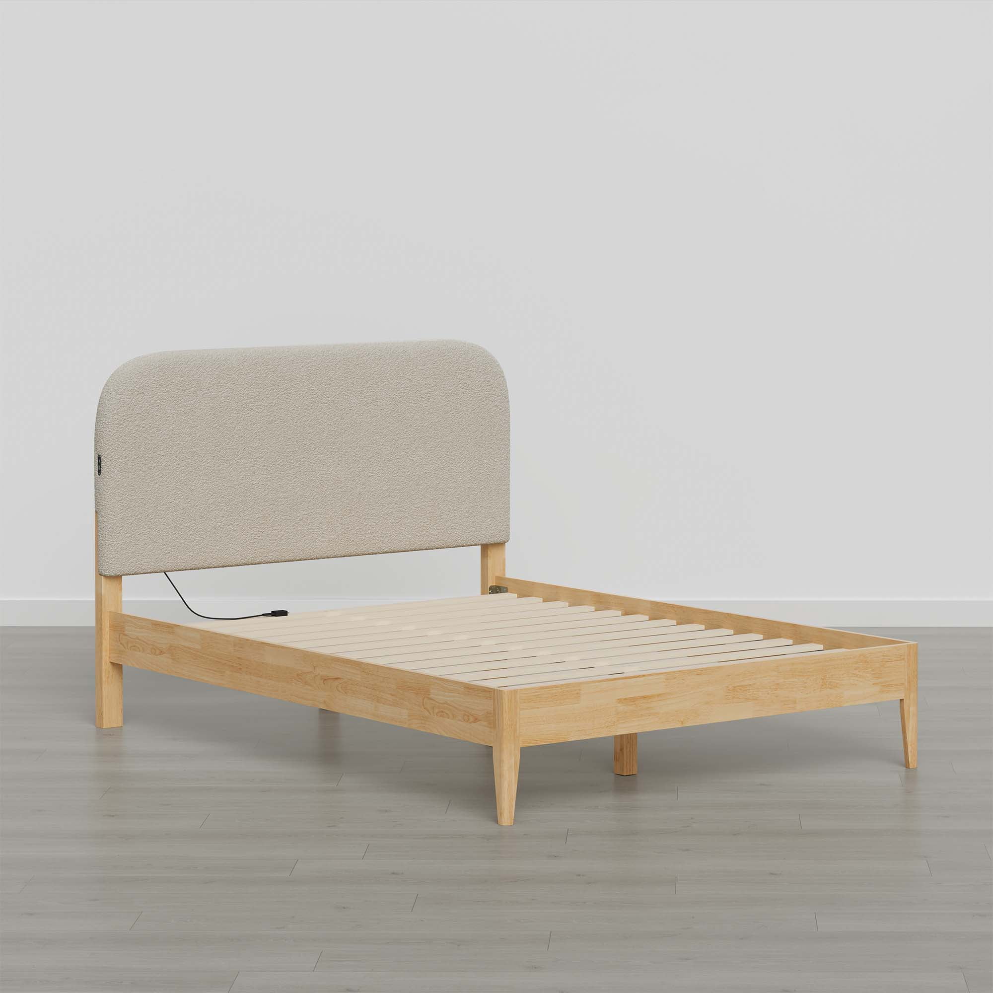 Spruce & Spring Modern Upholstered Bed Frame with Bouclé Headboard, USB & Type-C Charging Ports, Queen