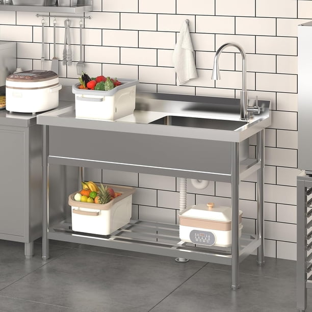 Fregadero de Cocina de Acero Inoxidable, 30x16x30 Pulgadas, Lavabo de Único Tazón para Cocina, Baño y Restaurante con Toma de Agua Caliente y Fría
