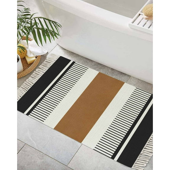 Modern Brown Black Bath Rug 2x3ft Woven Bathroom Entryway Runner Rug,Boho Contemporary Geometric Striped Washable Living Room Hallway Bedroom Kitchen Carpet with Tassels,Indoor Outdoor Throw Doormat