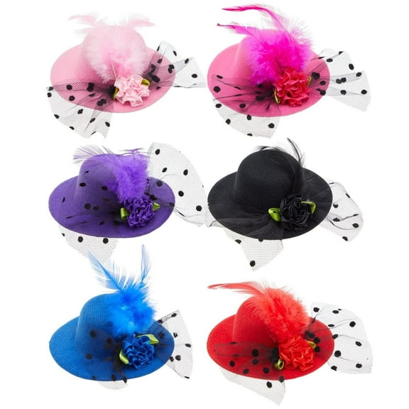 Tea Party Hats for Women - 4-Inch Pack of 6 Multicolor - Clip-On Mini Fascinators with Feathers, Ribbons & Flowers for Tea Party Decorations & Church Hats for Women