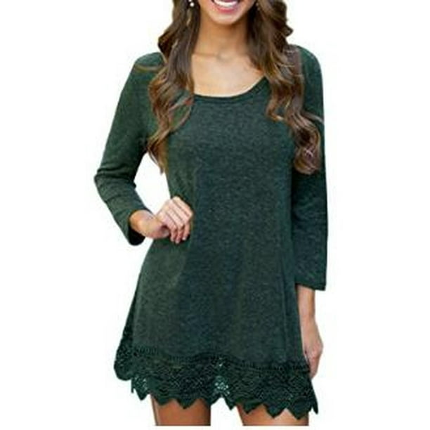 Ayres Technology Inc Brand New Solid Color Long Sleeved One Piece Dress Round Neck Above Knee Slim Dress With Lace Stitching For Women Girls Walmart Com Walmart Com