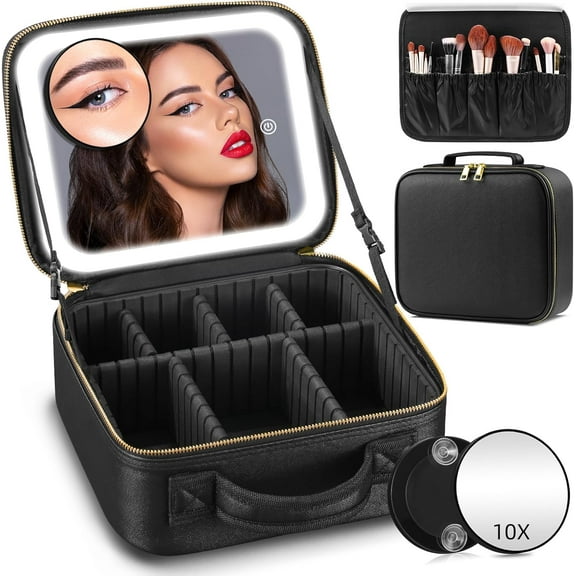 Travel Makeup Bag with LED Mirror – Adjustable Dividers – Detachable 10x Magnifying Mirror