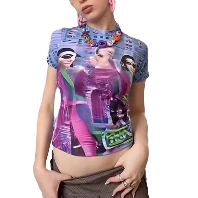 TRKIYQC Camiseta Bodycon para Mujer, Camisetas de Manga Corta con Cuello Redondo con Estampado de Retrato Azul Púrpura, S/ M/ L TRKIYQC Vida cotidiana