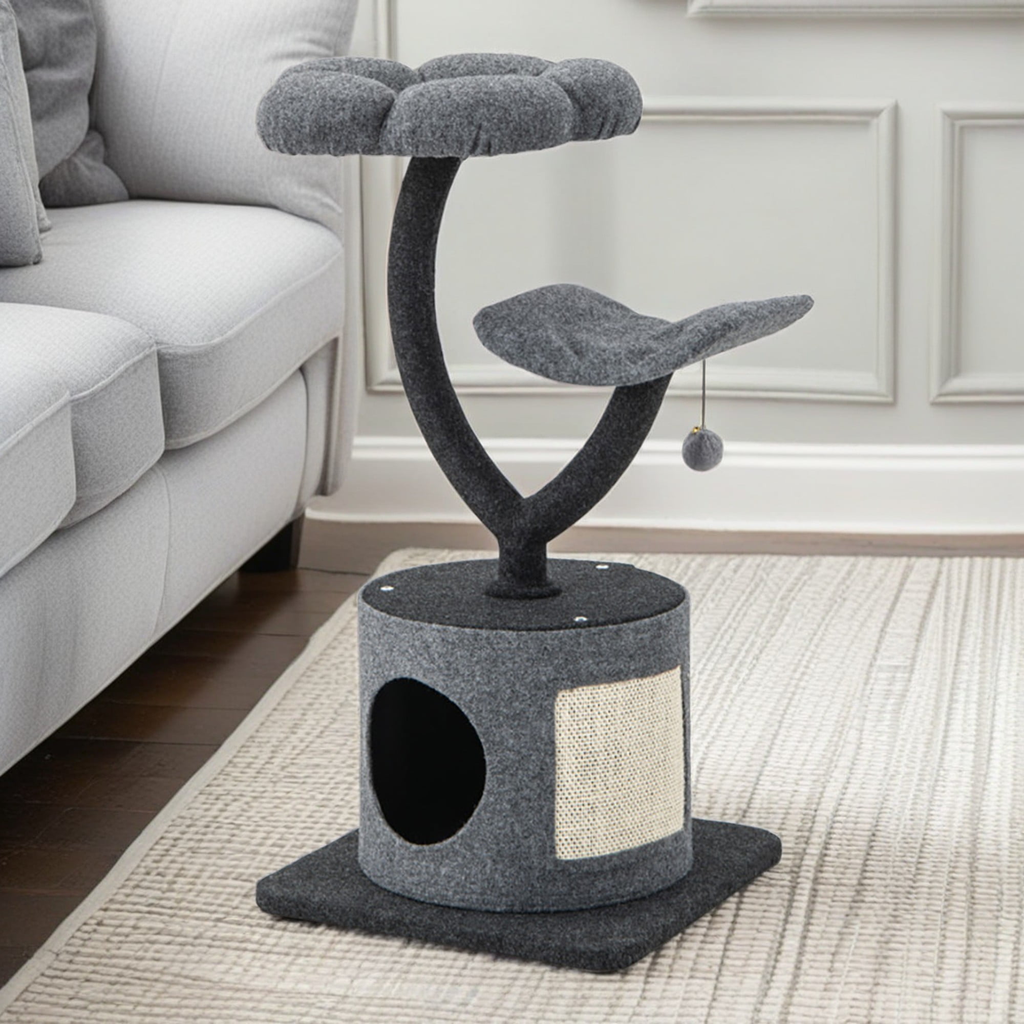 resenkos 35" Cat Tree Tower, Small Cat Condo with Sisal Scratching Board, Curved Metal Supporting Frame Cat Tree House with Perch and Hanging Ball, Gray