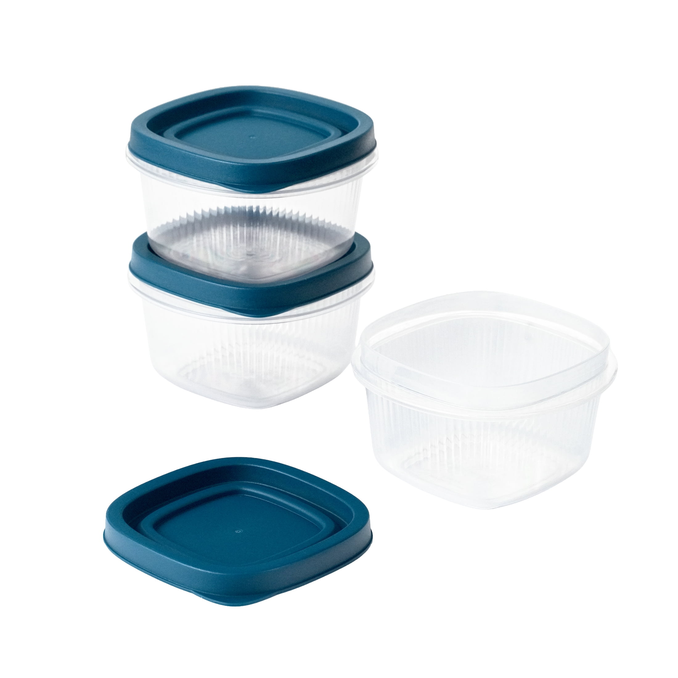 (4 pack) Mainstays Reusable Food Storage Container, Small Square, Plastic, 3-Pack, 3 Containers with Lids, 2 Cups, Ideal for Snacks and Fresh Ingredients